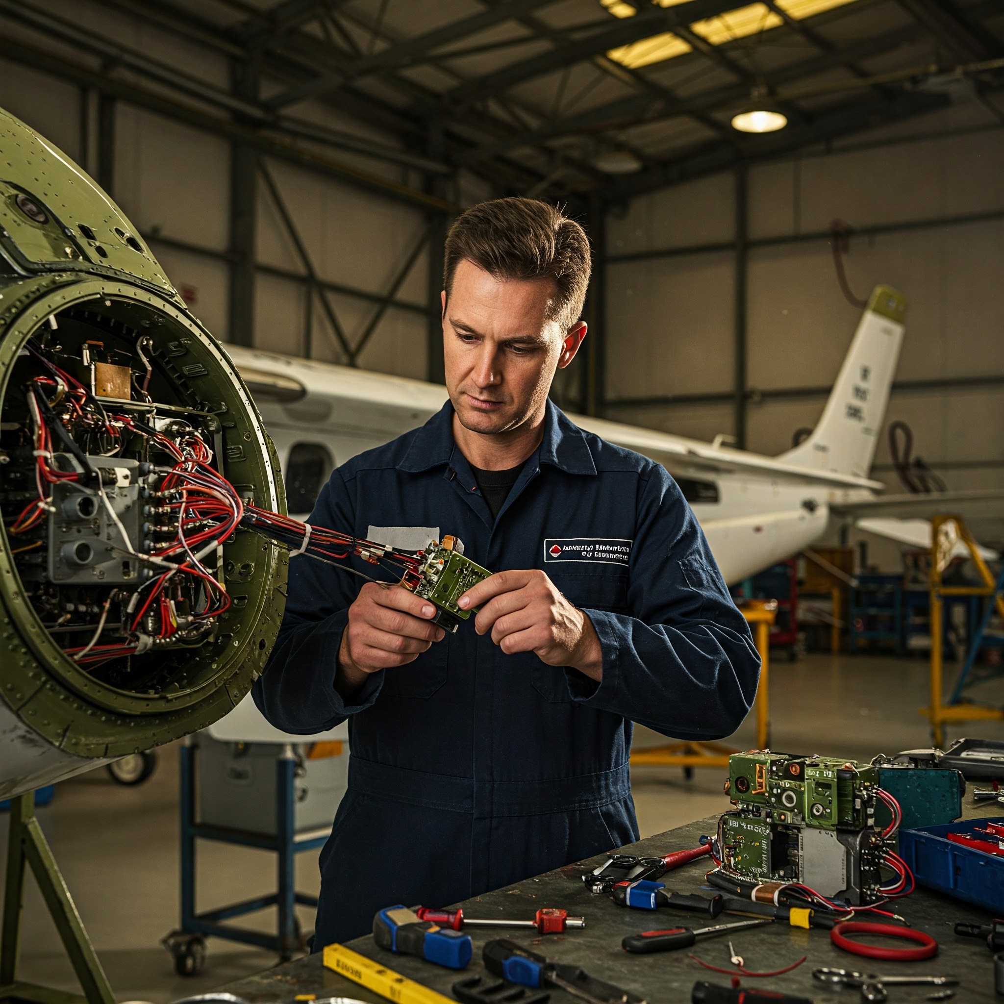Aircraft technician working on engine in factory workshop