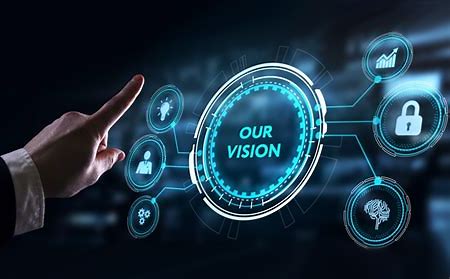 A hand pointing at a futuristic digital interface with icons and text 'OUR VISION' representing security and technology